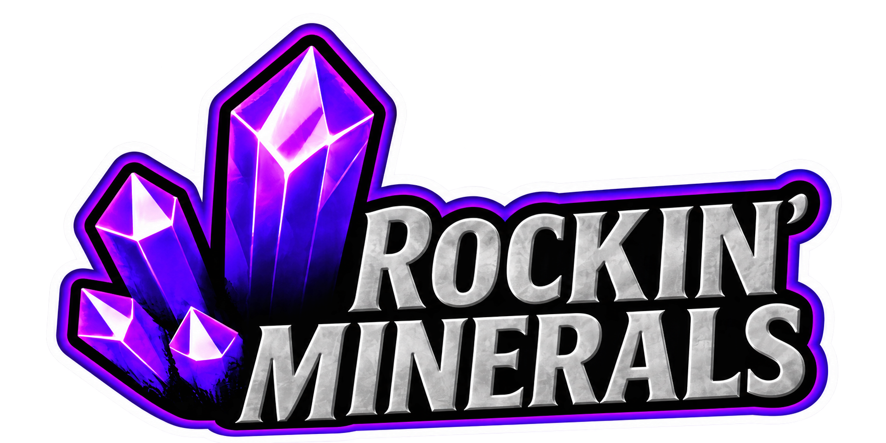 Rockin’ Minerals purple crystal and silver lettering logo